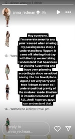 The image shows the influencer's post after receiving backlash on her outfit inspiration post before visiting Auschwitz. (Instagram/@anna_redman) The image shows the influencer's post after receiving backlash on her outfit inspiration post before visiting Auschwitz. (Instagram/@anna_redman)