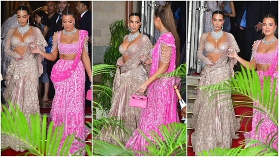 Kim Kardashian and Khloé Kardashian turned heads on Day 2 of the Ambani wedding with their stunning outfits.(Instagram)