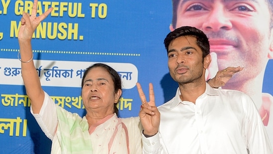 West Bengal chief minister Mamata Banerjee with Trinamool Congress (TMC) MP from the Diamond Harbour constituency Abhishek Banerjee. (ANI FILE)