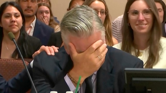 Actor Alec Baldwin reacts after the judge threw out the involuntary manslaughter case for the 2021 fatal shooting of cinematographer Halyna Hutchins during filming of the Western movie "Rust," Friday, July 12, 2024, at Santa Fe County District Court in Santa Fe, N.M. (Pool Video via AP)(AP)