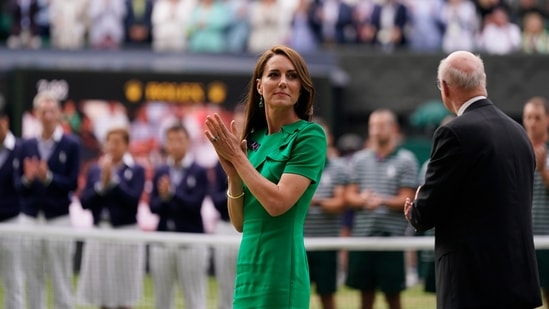 FILE - Britain's Kate, Princess of Wales looks on after Spain's Carlos Alcaraz beat Serbia's Novak Djokovic in the men's singles final on day fourteen of the Wimbledon tennis championships in London, Sunday, July 16, 2023. (AP)