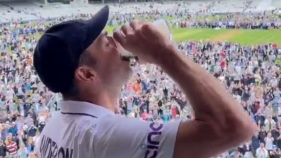 James Anderson chugged a pint at Lord's after retirement.