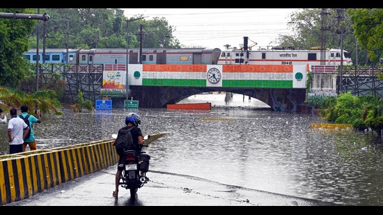 New Delhi, India - June 28, 2024: A Truck is stuck in logged water under Minto Bridge near Connaught Place after a heavy rain in New Delhi, India, on Friday, June 28, 2024. (Photo by Arvind Yadav/ Hindustan Times) (Hindustan Times)