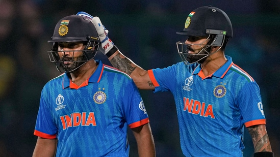 India's Rohit Sharma and Virat Kohli during an ICC Men's Cricket World Cup 2023 match, in New Delhi(PTI)