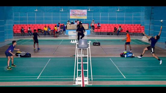 Players in action during 2nd day of District Badminton Championship for U-15 and U-17 at Shastri Badminton Hall in Ludhiana . (Manish/HT)