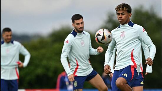 Spain’s Lamine Yamal attends a training session on the eve of the final against England. (AFP)