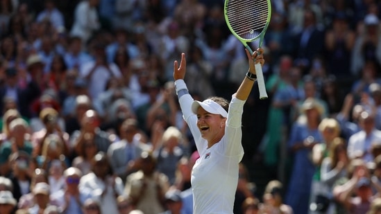 Czech Republic's Barbora Krejcikova celebrates winning the final against Italy's Jasmine Paolini (REUTERS)