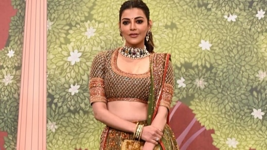 Kajal Aggarwal opted for a lehenga choli for the Shubh Aashirwad ceremony today at the Ambanis', where the newlywed couple will be bestowed with blessings by guests. (HT Photo)