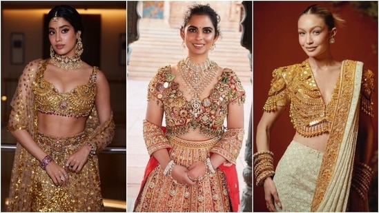 Janhvi Kapoor stole the show at Anant Ambani and Radhika Merchant's wedding last night as she arrived drenched in gold. The actor wore a custom Falguni Shane Peacock lehenga and aced the wedding guest look in the ensemble. The highlight of her outfit was the bralette made from real gold temple jewellery! If the look seemed familiar, it is because Isha Ambani and Gigi Hadid have worn the jewelled blouse look before. Read on to see. (Instagram)