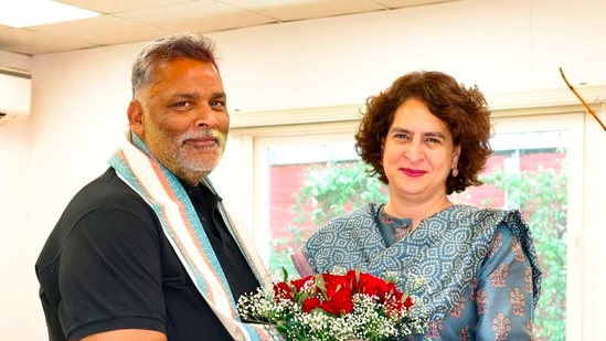 AICC General Secretary Priyanka Gandhi Vadra with newly elected Independent MP Pappu Yadav during a meeting, in New Delhi, Monday, June 10, 2024.(PTI)