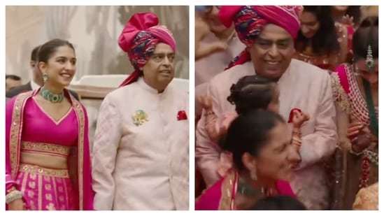 Radhika Merchant in pink lehenga crashes own baraat with help from Mukesh Ambani, he looks so proud. Watch