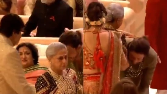 Shah Rukh Khan seen with Amitabh Bachchan and Jaya Bachchan at Ambani wedding.