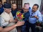 Khadga Prasad Oli, left, the chairman of the Communist Party of Nepal leaves his residence to meet his supporters after being appointed as Prime Minister, in Kathmandu, Nepal, Sunday, July 14, 2024. AP/PTI(AP)