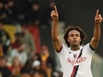 Joshua Zirkzee celebrates after scoring his team's second goal during the Italian Serie A football match between AS Roma and Bologna at the Olympic Stadium