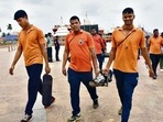 ODRAF personnel at the Jagannath Temple in Puri on Sunday. (PTI)