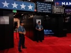 Police officers on the floor of the Fiserv Forum ahead of the Republican National Convention (RNC) in Milwaukee, Wisconsin, US, on Sunday, July 14, 2024. Former President Donald Trump confirmed that he will be attending the Republican National Convention next week, hours after he was shot at a campaign rally in Pennsylvania. Photographer: Hannah Beier/Bloomberg
