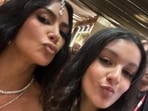 Mahesh Babu's daughter Sitara with Kim Kardashian at Ambani event. Mahesh Babu's daughter Sitara with Kim Kardashian at Ambani event.