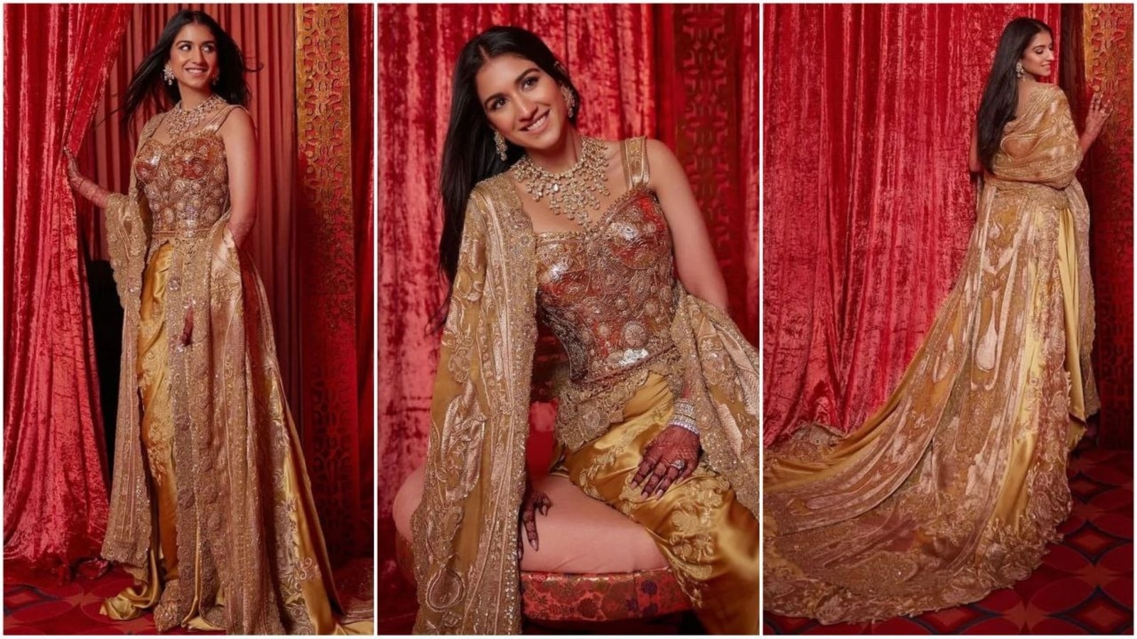 Newlywed Radhika Ambani blends desi and international aesthetics with sari-silhouette and golden corset for reception