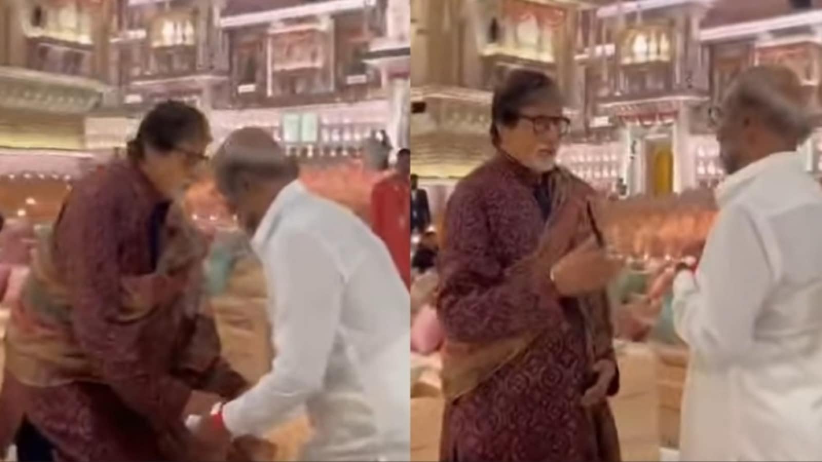 Amitabh Bachchan reacts after Rajinikanth tries to touch his feet at Ambani event. Watch