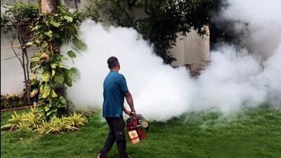A Municipal Corporation of Gurugram (MCG) worker carried out a fogging operations at Civil Lines near Rajiv Chowk in Gurugram on Sunday. (Parveen Kumar/HT Photo) A Municipal Corporation of Gurugram (MCG) worker carried out a fogging operations at Civil Lines near Rajiv Chowk in Gurugram on Sunday. (Parveen Kumar/HT Photo)