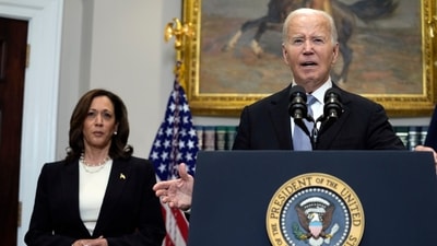 President Joe Biden speaks from the Roosevelt Room of the White House in Washington, Sunday, July 14, 2024, about the apparent assassination attempt of former President Donald Trump at a campaign rally in Pennsylvania, as Vice President Kamala Harris listens. (AP Photo/Susan Walsh) President Joe Biden speaks from the Roosevelt Room of the White House in Washington, Sunday, July 14, 2024, about the apparent assassination attempt of former President Donald Trump at a campaign rally in Pennsylvania, as Vice President Kamala Harris listens. (AP Photo/Susan Walsh)