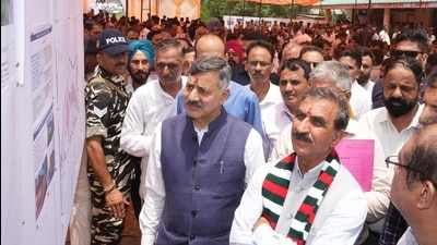 Himachal Pradesh (HP), chief minister Sukhvinder Singh Sukhu, who laid the foundation stone of a new tourism complex at Auhar in Bilaspur district to be constructed at a cost of ₹33.7 crore, accused the BJP of conspiring to topple the elected government, with leader of Opposition Jai Ram Thakur repeatedly claiming the formation of two governments at Centre and state. (HT Photo) Himachal Pradesh (HP), chief minister Sukhvinder Singh Sukhu, who laid the foundation stone of a new tourism complex at Auhar in Bilaspur district to be constructed at a cost of ₹33.7 crore, accused the BJP of conspiring to topple the elected government, with leader of Opposition Jai Ram Thakur repeatedly claiming the formation of two governments at Centre and state. (HT Photo)