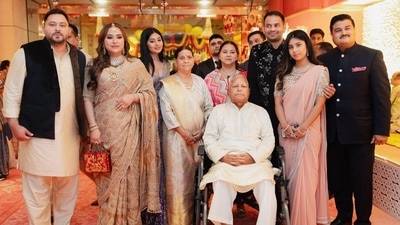 Rashtriya Janata Dal chief Lalu Prasad Yadav attended the wedding with his family, including wife and former Bihar Chief Minister Rabri Devi. She wore a golden sari with a silver blouse while Lalu was seen in a white kurta-pyjama. Lalu entered the venue walking, but was later seen resting on a wheelchair. Rashtriya Janata Dal chief Lalu Prasad Yadav attended the wedding with his family, including wife and former Bihar Chief Minister Rabri Devi. She wore a golden sari with a silver blouse while Lalu was seen in a white kurta-pyjama. Lalu entered the venue walking, but was later seen resting on a wheelchair.