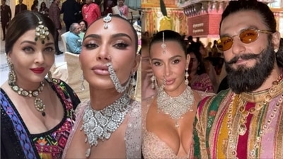 Kim Kardashian with actors Aishwarya Rai and Ranveer Singh. Kim Kardashian with actors Aishwarya Rai and Ranveer Singh.