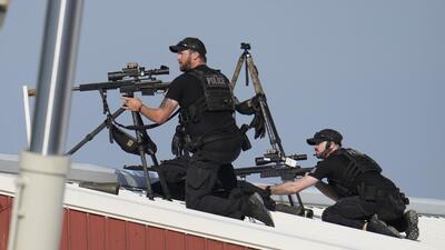 Police snipers return fire after shots were fired at former US president Donald Trump at a campaign rally in Pennsylvania on Saturday evening. (AP) Police snipers return fire after shots were fired at former US president Donald Trump at a campaign rally in Pennsylvania on Saturday evening. (AP)