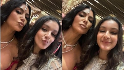 Mahesh Babu's daughter Sitara with Kim Kardashian at Ambani event. Mahesh Babu's daughter Sitara with Kim Kardashian at Ambani event.