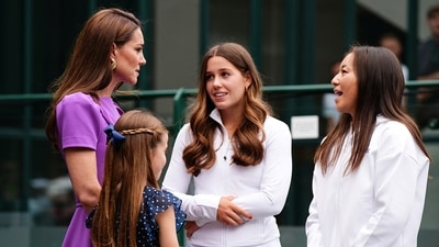 Britain's Catherine, Princess of Wales and Princess Charlotte meeting Flora Johnson and Yuriko Lily Miyazaki. (via REUTERS)
