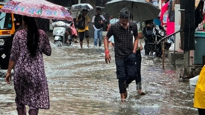 Thane, India - July 13, 2024:  Water logging Jambali Naka market after heavy in Thane on, Saturday, July 13, 2024. ( Praful Gangurde / HT Photo )