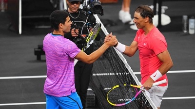 Carlos Alcaraz and Rafael Nadal at the Netflix Slam in Las Vegas, Nevada (Getty Images via AFP) Carlos Alcaraz and Rafael Nadal at the Netflix Slam in Las Vegas, Nevada (Getty Images via AFP)