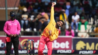 India lost three wickets in the powerplay. Sikandar Raza conceded 13 runs off the first ball of the match, with Yashasvi Jaiswal hitting him for two sixes off a no-ball and the following free hit. However, the Zimbabwe captain dismissed the dangerous Indian opener off the third ball. (AP) India lost three wickets in the powerplay. Sikandar Raza conceded 13 runs off the first ball of the match, with Yashasvi Jaiswal hitting him for two sixes off a no-ball and the following free hit. However, the Zimbabwe captain dismissed the dangerous Indian opener off the third ball. (AP)