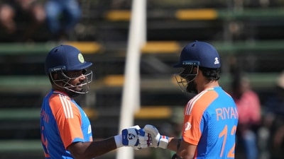 Samson and Parag went on to put up a stand of 65 runs for the fourth wicket off 56 balls. It ended with Parag falling to Brandon Mavuta on 22 off 24 balls. Samson smashed four sixes and one four on his way to 58 off 45 before falling to Muzarabani. Shivam Dube and Rinku Singh then added the finishing touches as India scored more than 50 runs in the last five overs. (AP) Samson and Parag went on to put up a stand of 65 runs for the fourth wicket off 56 balls. It ended with Parag falling to Brandon Mavuta on 22 off 24 balls. Samson smashed four sixes and one four on his way to 58 off 45 before falling to Muzarabani. Shivam Dube and Rinku Singh then added the finishing touches as India scored more than 50 runs in the last five overs. (AP)