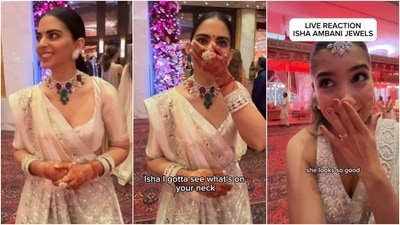 Isha Ambani changes into an ivory silk lehenga for Day 2 of Anant Ambani and Radhika Merchant's wedding celebrations. (Instagram ) Isha Ambani changes into an ivory silk lehenga for Day 2 of Anant Ambani and Radhika Merchant's wedding celebrations. (Instagram )