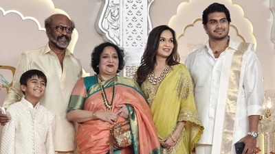 Rajinikanth arrived with his whole family to attend the wedding, which included wife Latha Rajinikanth, daughter Soundarya Rajinikanth, and son-in-law Vishagan Vanangamudi. Rajinikanth arrived with his whole family to attend the wedding, which included wife Latha Rajinikanth, daughter Soundarya Rajinikanth, and son-in-law Vishagan Vanangamudi.