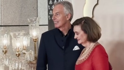 Former UK Prime Minister Tony Blair was also seen in attendance, in a navy blue bandhgala with a white pocket square, accompanied by his wife, writer-barrister Cherrie Blair, who donned a red lehenga for the occasion. 
