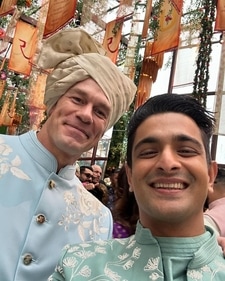 Ranveer Allahbadia with John Cena at the Ambani wedding. (Instagram/beerbiceps) Ranveer Allahbadia with John Cena at the Ambani wedding. (Instagram/beerbiceps)
