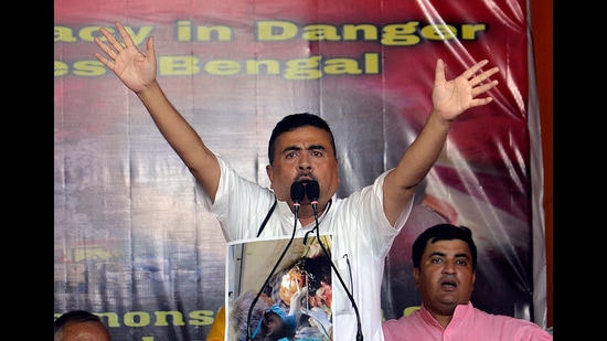 BJP leader Suvendu Adhikari Adhikari staged a sit-in with 300 alleged victims of post-poll violence outside the Raj Bhavan in Kolkata on Sunday. (ANI)