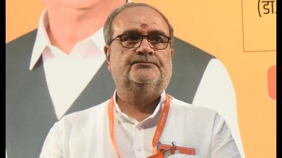 BJP state president Bhupendra Singh Chaudhary at BJP state executive meeting in Lucknow on Sunday. (HT)