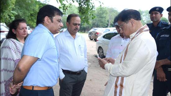 Haryana health minister Dr Kamal Gupta and chief medical officer Dr Virender Yadav at the construction site of the 700-bed Civil Hospital on Sunday. (Parveen Kumar/HT Photo)