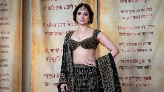 Indian actor Tamannaah Bhatia poses for a photograph at the wedding reception of billionaire Mukesh Ambani's son Anant Ambani and Radhika Merchant.(AP)