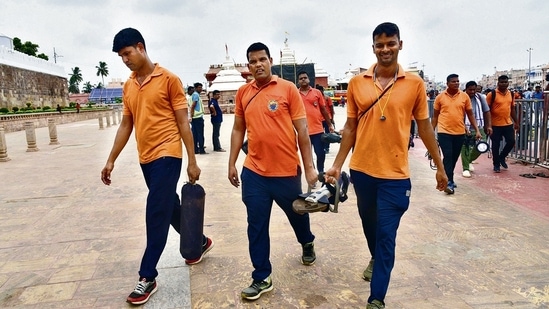 ODRAF personnel at the Jagannath Temple in Puri on Sunday. (PTI)