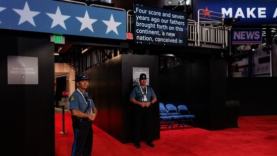 Police officers on the floor of the Fiserv Forum ahead of the Republican National Convention (RNC) in Milwaukee, Wisconsin, US, on Sunday, July 14, 2024. Former President Donald Trump confirmed that he will be attending the Republican National Convention next week, hours after he was shot at a campaign rally in Pennsylvania. Photographer: Hannah Beier/Bloomberg