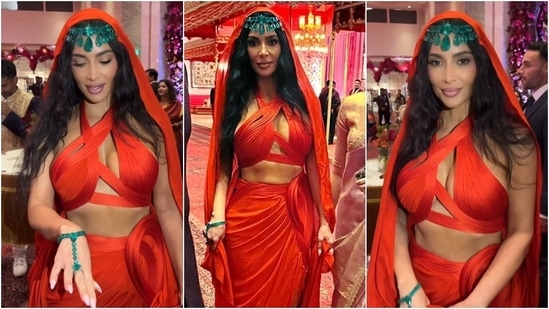 Kim Kardashian attends Day 2 of Ambani wedding in a sultry red look and emerald jewels. (Instagram)