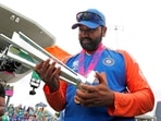 India's captain Rohit Sharma poses for a picture with the trophy after Team India won the ICC Mens T20 World Cup 2024 final match against South Africa India's captain Rohit Sharma poses for a picture with the trophy after Team India won the ICC Mens T20 World Cup 2024 final match against South Africa