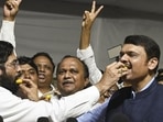 Mumbai, India - July 12, 2024:CM Eknath Shinde and Dy CM Devendra Fadnavis shows victory sign along with winning candidtes of Mahayuti Alliance, after winning the MLC election during monsoon session at Vidhan Bhavan in Mumbai, India, on Friday, July 12, 2024. (Photo by Anshuman Poyrekar/ Hindustan Times) (Hindustan Times) Mumbai, India - July 12, 2024:CM Eknath Shinde and Dy CM Devendra Fadnavis shows victory sign along with winning candidtes of Mahayuti Alliance, after winning the MLC election during monsoon session at Vidhan Bhavan in Mumbai, India, on Friday, July 12, 2024. (Photo by Anshuman Poyrekar/ Hindustan Times) (Hindustan Times)