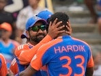 India's captain Rohit Sharma, facing the camera, hugs teammate Hardik Pandya as they celebrate their win against South Africa (PTI) India's captain Rohit Sharma, facing the camera, hugs teammate Hardik Pandya as they celebrate their win against South Africa (PTI)