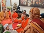 Shiv Sena (UBT) leader Uddhav Thackeray and his wife Rashmi Thackeray during a meeting with Swami Avimukteswaran Shankaracharya, in Mumbai, Monday, July 15, 2024. Shiv Sena (UBT) leader Uddhav Thackeray and his wife Rashmi Thackeray during a meeting with Swami Avimukteswaran Shankaracharya, in Mumbai, Monday, July 15, 2024.